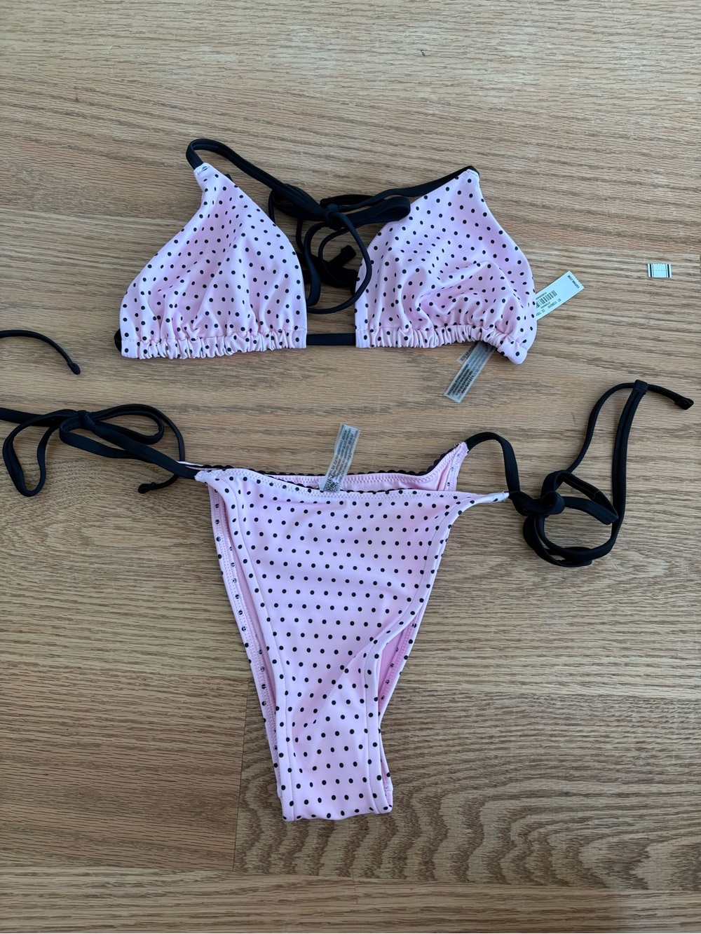 Frankie’s bikinis Pink Polka Dot Tie-Bikini with Black Trim